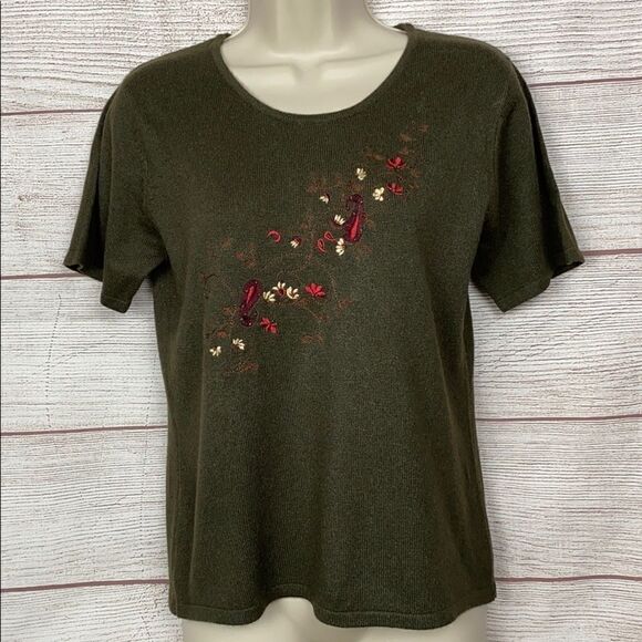 Silk Club Silk Cashmere Blend Floral Embroidered Olive Green Short Sleeve Top - Picture 2 of 7